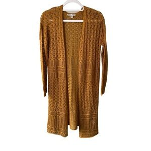 Moral Fiber Mustard Yellow Open Front Crochet Cardigan Size L Knit Fall Boho